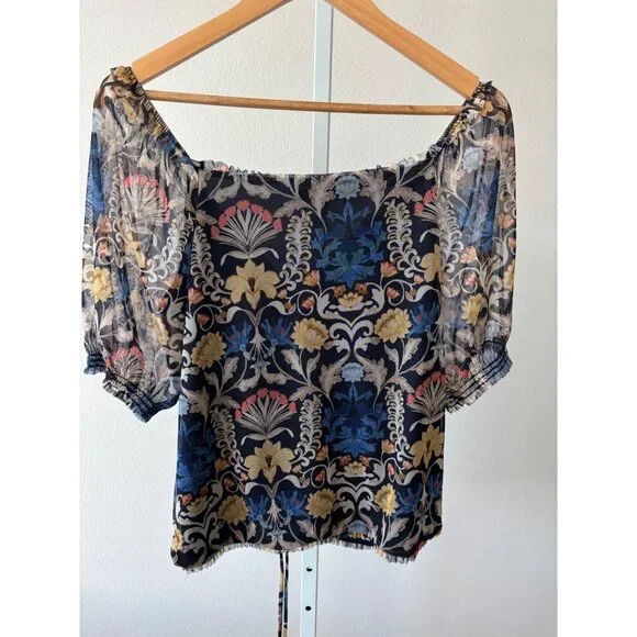 INC Top Large Romantic Floral Sheer Puff Sleeve Blouse Fairy Grunge Whimsigoth - Picture 4 of 11